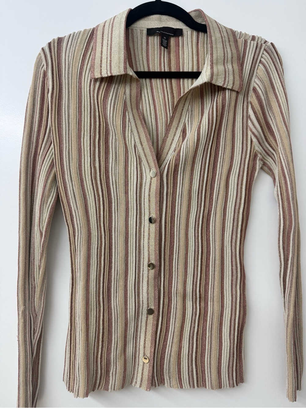 White House Black Market Striped Button-Down Shirt in Cream and Brown Tones